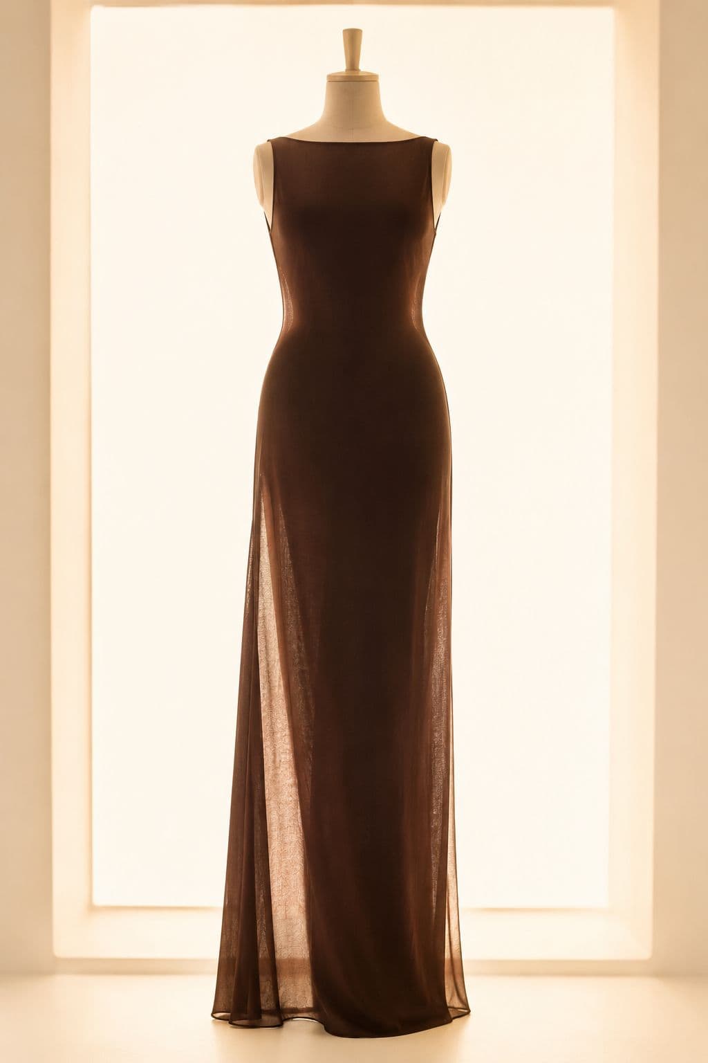 Column Gown Ankle, lit from directly behind so the translucency of the cloth is visible.