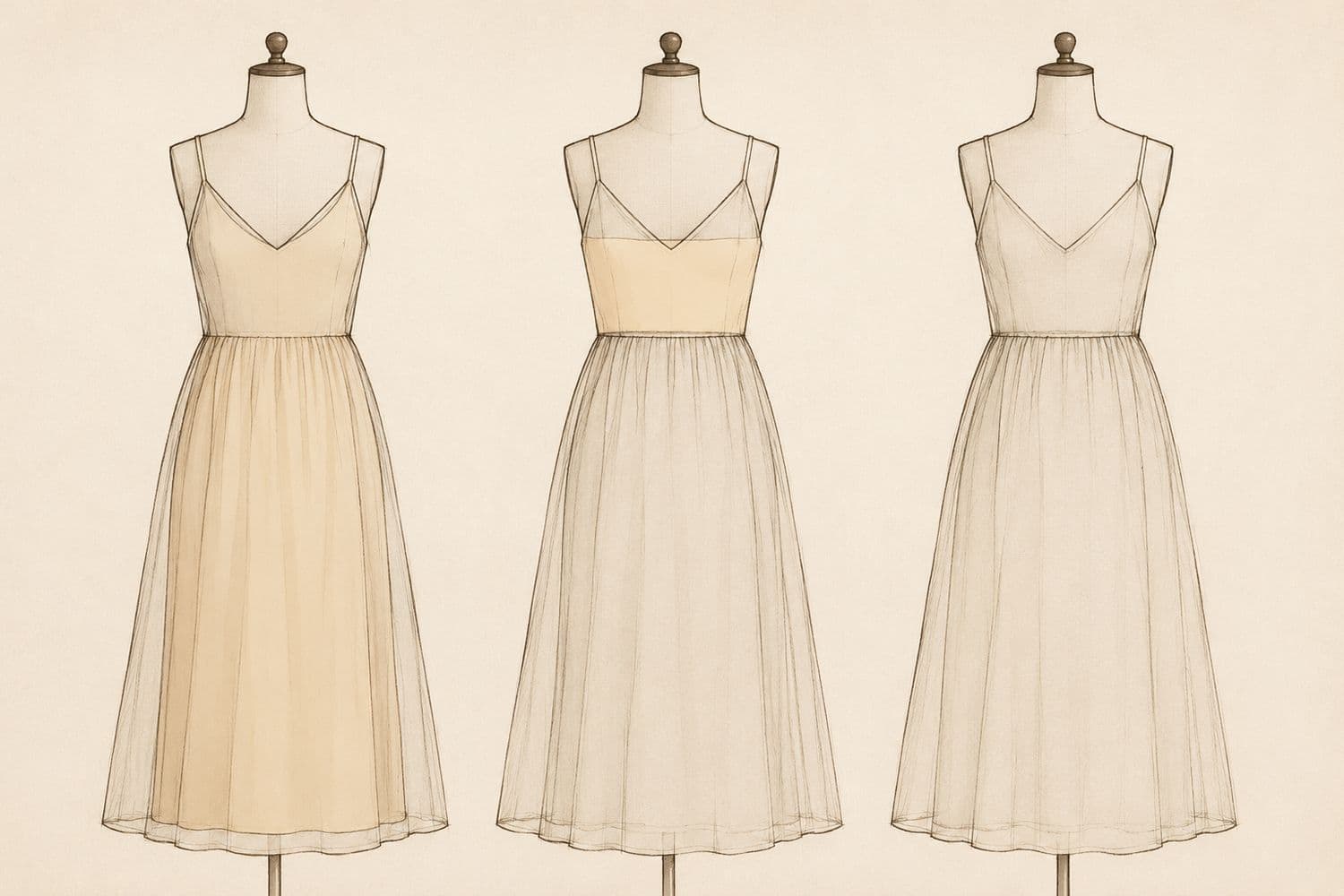 Three cross-section diagrams showing a full lining, a bodice-only lining, and no lining.
