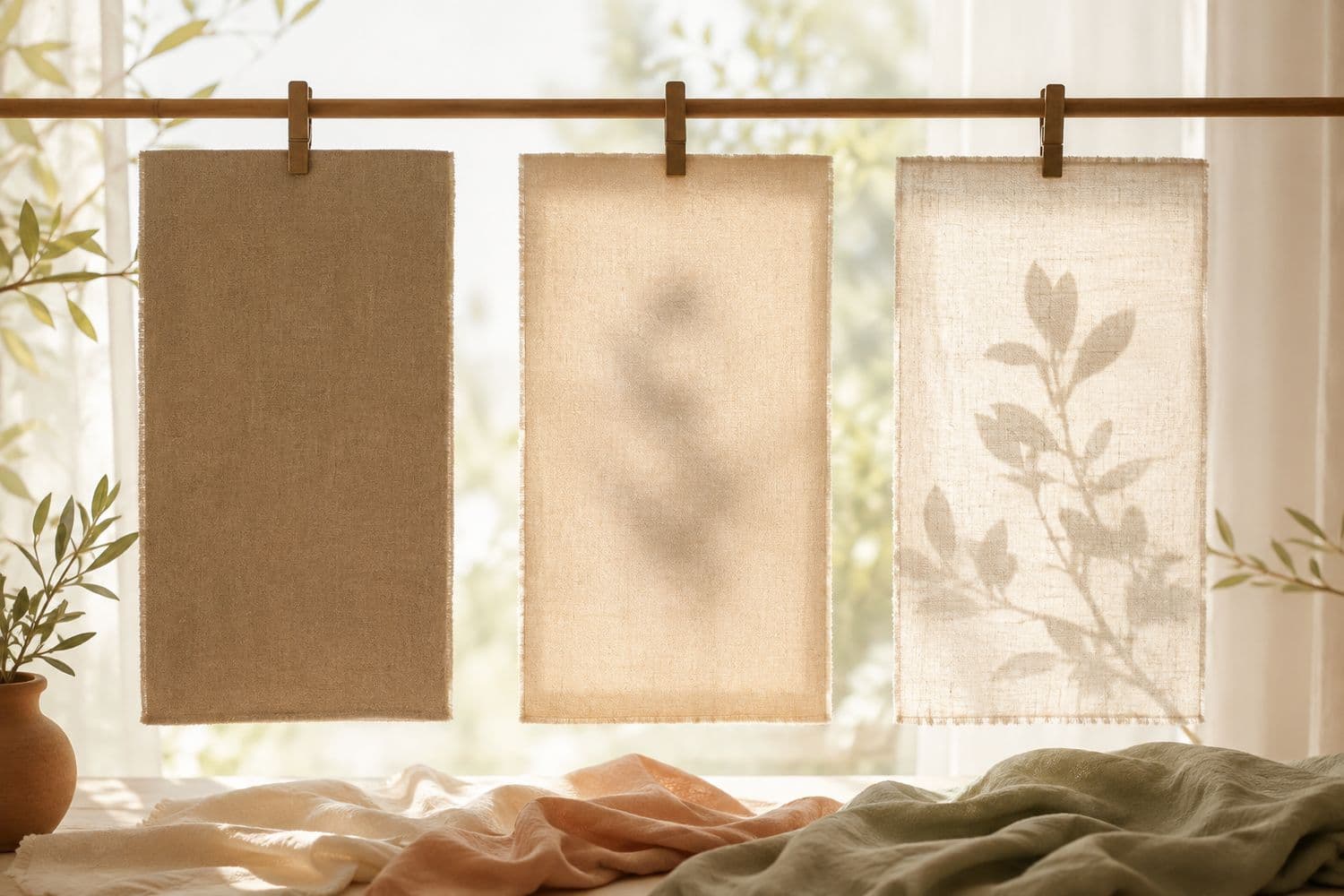 Three fabric swatches hanging in front of a backlit panel: the left blocks the light, the middle glows softly, the right is clearly translucent.