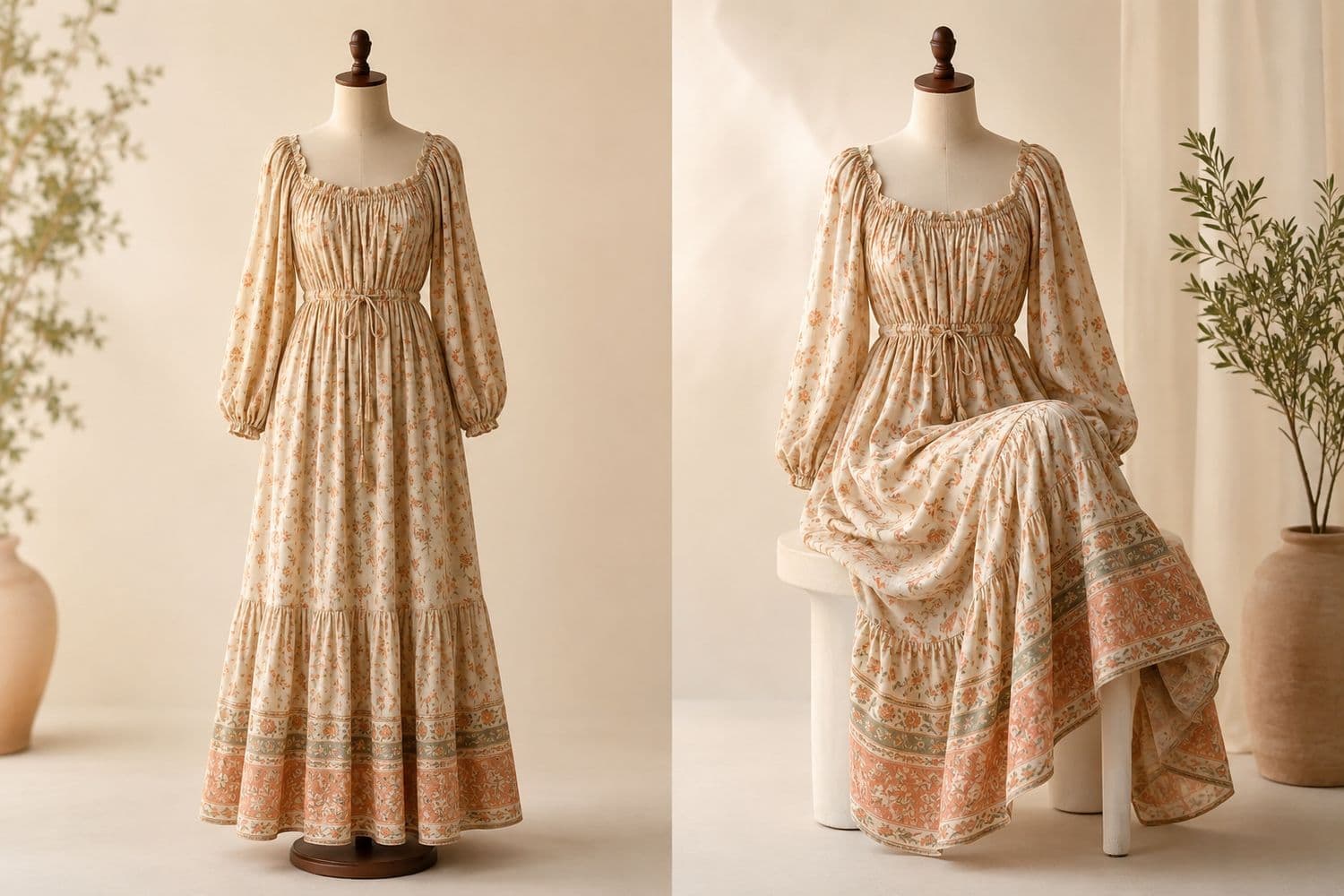 The same dress on a form, standing on the left and posed seated on the right, so the change in hem position is visible.