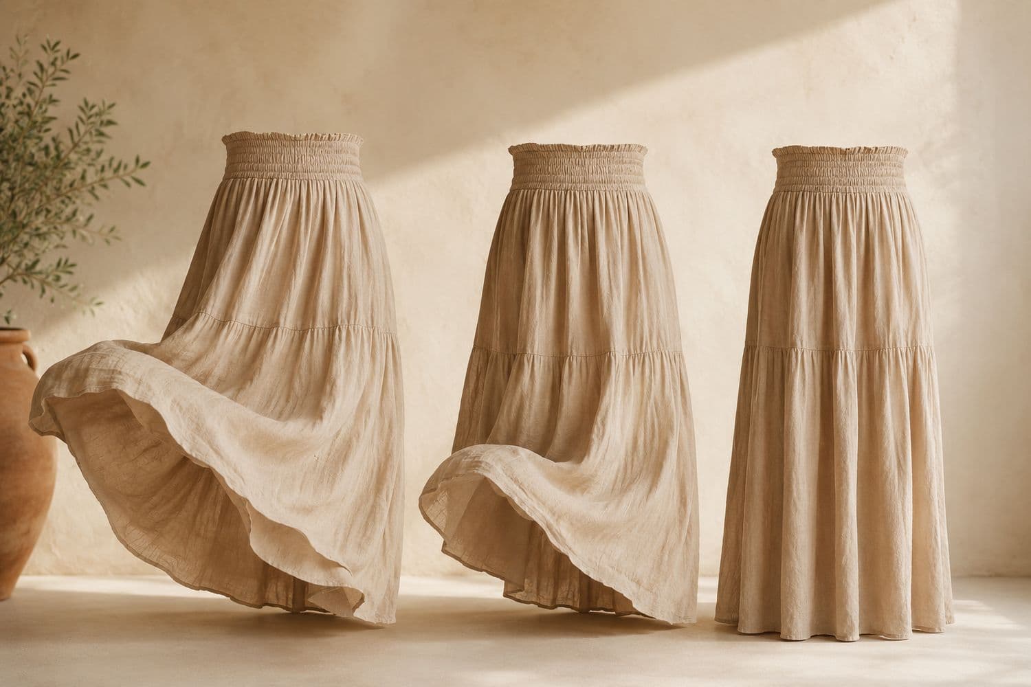 Three long skirts in a row showing decreasing amounts of hem lift in moving air.